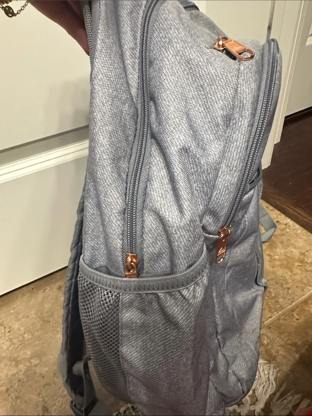 adidas Light Gray Backpack with Gold Logo Accents